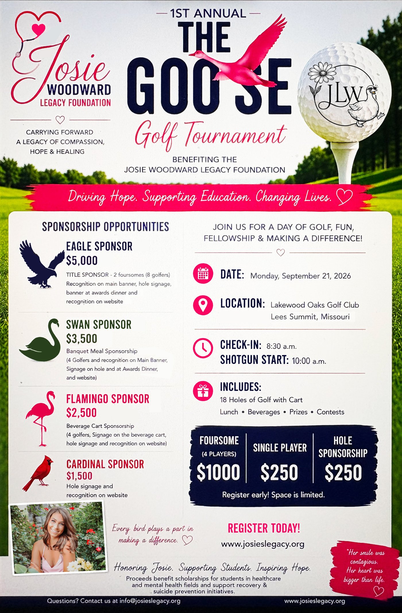 The Goose Golf Tournament flyer — Monday, September 21, 2026 at Lakewood Oaks Golf Club, Lee's Summit. Check-in 8:30 a.m., shotgun start 10:00 a.m. Foursome $1,000, single player $250, hole sponsorship $250. Sponsorships: Eagle $5,000, Swan $3,500, Flamingo $2,500, Cardinal $1,500 (hole signage + website recognition).